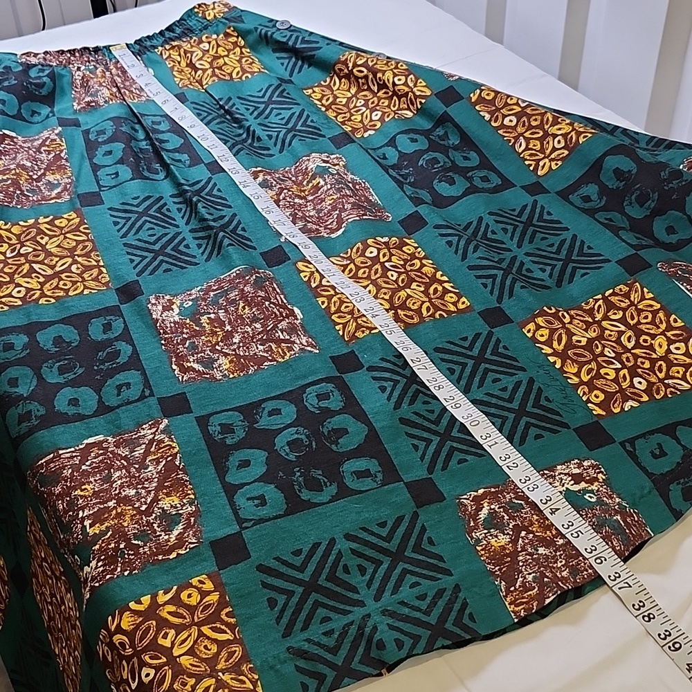Gene Ewing BIS Vintage 80s Patchwork Print Circle Skirt Green Brown Size Small - Picture 10 of 10